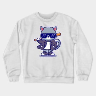 Cute Bad Cat Wearing Suit And Sunglasses With Baseball Bat Crewneck Sweatshirt